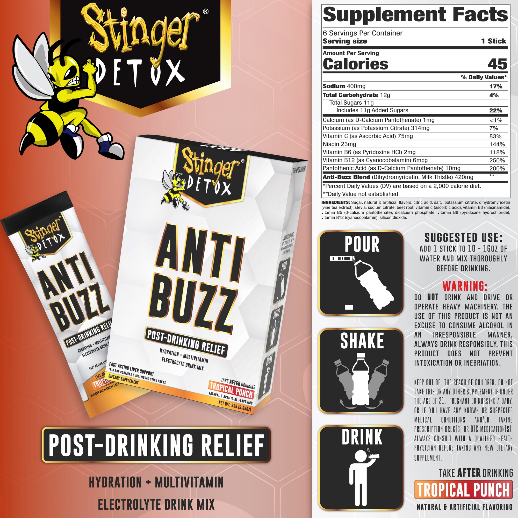 Anti-Buzz Drink Mix | Post-Celebration Relief, Hydration & Multivitamin | 6-Pack
